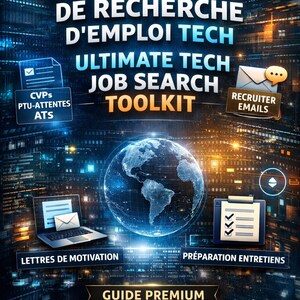 Pode incluir: Um gráfico digital que promove um kit de ferramentas de busca de emprego em tecnologia. A imagem apresenta um globo, um laptop e uma lista de verificação, com texto em inglês e francês. O título é "Ultimate Tech Job Search Toolkit" e "Guide Premium."