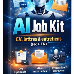 Peut inclure: Couverture d'un produit numérique avec un robot futuriste portant un casque. Le titre "AI Job Kit" est affiché en évidence, avec du texte indiquant le contenu pour les CV, les lettres et les entretiens, en français et en anglais. Icônes et texte supplémentaires inclus.