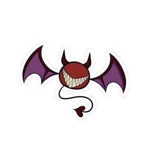 May include: A sticker featuring a cartoon devil with a red body, black horns, and purple wings. The devil has a wide, toothy grin and a heart-shaped tail. The sticker is on a white background.
