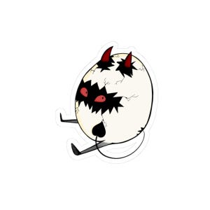 May include: A sticker featuring a cartoon egg with a cracked shell. The egg has red eyes, black jagged markings, and red horns. It has small black legs and a tail, giving it a devilish appearance.