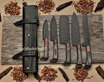 5-teiliges Pakkawood Kochmesser-Set mit Lederbezug, handgeschmiedete Damaststahl-Küchenmesser, professionelles Kochgeschenk, personalisiertes Geschenk für Männer