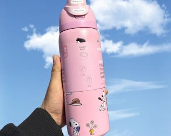 Snoopy Pink Water Bottle Owala Inspired Cartoon Dog Thermos Insulated Leakproof Straw Lid Stainless Steel Tumbler Gift for Her (32oZ)