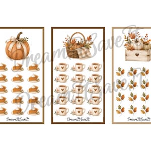 May include: Three rectangular sticker sheets featuring autumn themes. The first shows a pumpkin and pumpkin pie slices. The second displays a basket with leaves and heart-patterned mugs. The third features pumpkins in a crate and oak leaves. Text reads DreamItSaveIt.