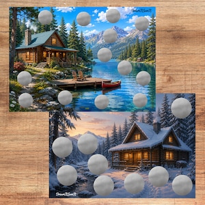 May include: A composite image featuring two log cabins. The top scene shows a summer cabin by a lake with mountains, a dock, and a red canoe. The bottom scene depicts a winter cabin covered in snow with glowing windows at dusk. Both include the text DreamItSaveIt.