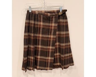 Falda plisada vintage de lana a cuadros Pendleton, talla 6, tartán marrón, con cinturón, fabricada en EE. UU.