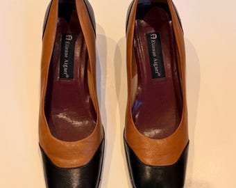 Etienne Aigner Halt Escarpins 8 M en cuir à talons carrés pour femmes Marron Noir Chaussures bout carré