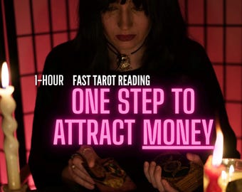 May include: A person holding tarot cards with the text "1-HOUR FAST TAROT READING" and "ONE STEP TO ATTRACT MONEY" in pink neon. Lit candles and a red background create a mystical atmosphere.