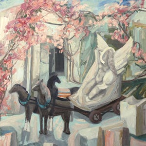 May include: An oil painting depicts a classical scene with a horse-drawn cart carrying a winged statue. The horses are brown and black, and the cart is set against a backdrop of a building and flowering trees. The color palette is soft and muted.