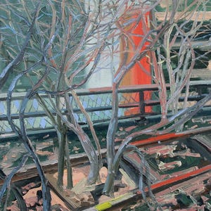 May include: An oil painting depicts bare tree branches in the foreground, with a blurred background of a building and a fence. The painting uses a palette of muted greens, grays, and oranges, creating a sense of depth and texture.