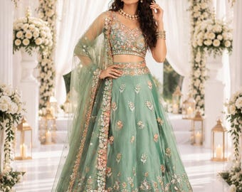 Zestaw Lehenga Choli z organzy w kolorze miętowym i zielonym, indyjski ślub i wesele