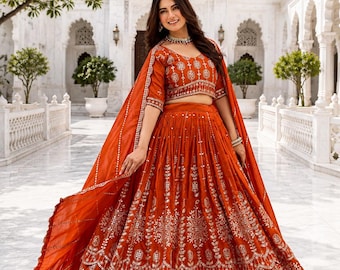 Orange Bridal Lehenga Choli for Women, Embroidered Indian Wedding Lehenga, Designer Ethnic Outfit, Sangeet Mehendi Dress, Bridesmaid Lehenga