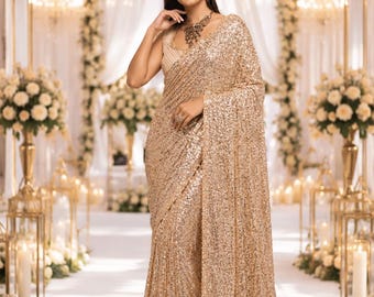 Saree en georgette à sequins dorés, prêt-à-porter, tenues de soirée indiennes, robe d'invitée de mariage