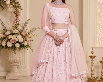 Pink Georgette Lehenga Choli, Zari Sequence Embroidery, Indian Wedding Ethnic wear