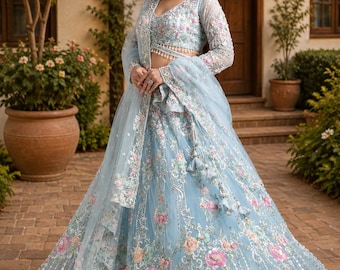 Light Blue Floral Lehenga Choli, Embroidered Indian Bridal Lehenga, Designer Wedding Outfit, Wedding Guest Dress, Festive Ethnic Wear