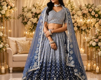 Dusty Blue Ombre Lehenga Choli for Women, Embroidered Indian Wedding Lehenga, Designer Bridesmaid Outfit, Reception Dress, Party Wear