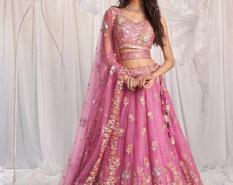 Pink Organza Lehenga Choli,Embroidered Wedding Ghagra, Indian Bridal lehenga