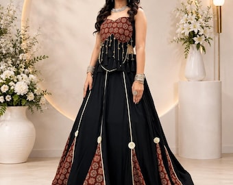 Black Ajrakh Lehenga Choli for Women, Indo Western Lehenga Set, Designer Ethnic Skirt Outfit, Festive Navratri Dress, Wedding Guest Wear,
