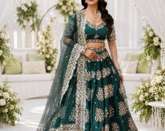 Szmaragdowo-zielona lehenga choli, indyjski strój ślubny z srebrnej tkaniny zari, siateczkowa dupatta