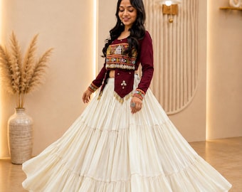 White Cotton Tiered Lehenga Skirt with Embroidered Crop Top, Boho Indian Lehenga Choli Navratri Outfit, Garba Dress, Festival Wear for Women