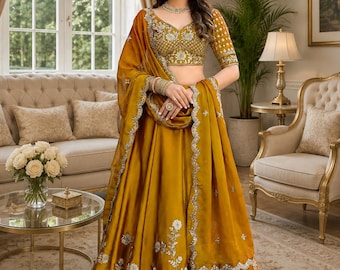 Mustard Yellow Embroidered Lehenga Choli, Indian Wedding Guest Dress, Designer Ethnic Outfit, Bridesmaid Lehenga, Engagement Party Wear
