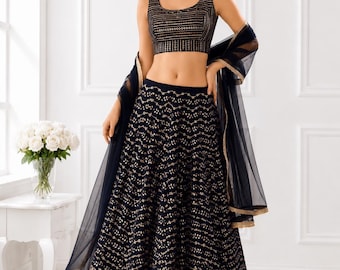 Navy Blue Sequin Lehenga Choli, Indian Wedding Guest Dress, Designer Lehenga Set, Bridesmaid Outfit, Festive Wear, Engagement Lehenga