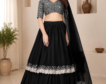 Black Sequin Lehenga Choli, Indian Wedding Outfit, Silver Embroidered Bridal Lehenga, Party Wear Skirt Set