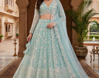 Hellblaues Lehenga Choli aus Netzstoff, weiße Blumenstickerei, Brautkleid