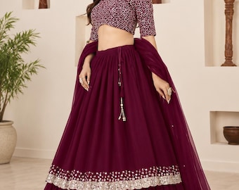 Maroon Lehenga Choli Set, Wine Bridal Lehenga, Sequin Embroidered Indian Wedding Outfit, Party Wear Lehenga, Festive Ethnic Dress,choli set,