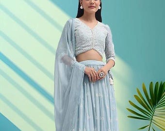 Skay Blue Lehenga Choli für Damen, indisches Hochzeitsoutfit, Designer-Lehenga-Set mit Stickerei, Brautjungfernkleid, festliche Kleidung im ethnischen Stil mit Dupatta