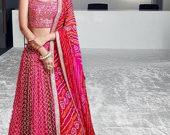Lehenga Choli rosa choque, traje étnico Bandhej, vestido de noiva indiano, roupa de dama de honra de grife, Lehenga para Garba