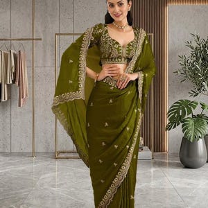 Olive Green Saree, Embroidered Designer Saree, Indian Wedding Saree, Party Wear Saree, Festive Saree, Bridal Guest Outfit image 2