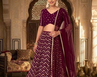 Weinrotes Lehenga Choli für Damen, Designer-Lehenga im indischen Stil, Outfit für Hochzeitsgäste, Festtagskleidung, Empfangskleid, Brautjungfernkleid