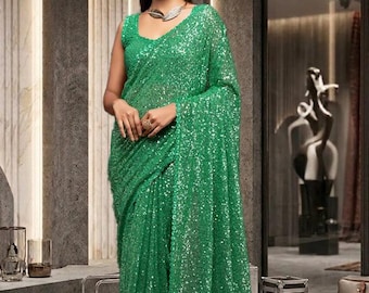 Green Glitter Saree, Sequin Designer Saree, Bollywood Style Party Wear, Wedding Reception Saree, Festive Indian Ethnic Wear for Women