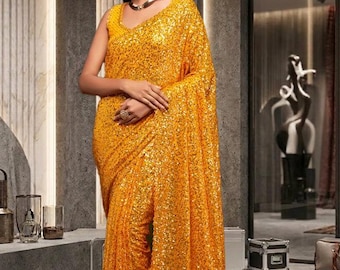 Yellow Gold Sequin Saree, Designer Indian Saree, Glamorous Cocktail Party Wear, Wedding Reception Saree, Festive Ethnic Outfit for Women