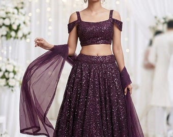 Dunkelviolettes Pailletten-Lehenga-Choli, Hochzeitsempfang, Brautjungfernkleid, festliches indisches Kleid
