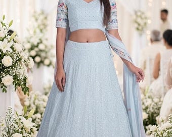 Himmelblaues, besticktes Georgette Lehenga Choli, indisches Hochzeitskleid