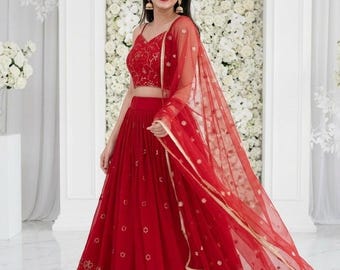 Czerwona Georgette Lehenga Choli, haft cekinowy, suknia ślubna dla kobiet