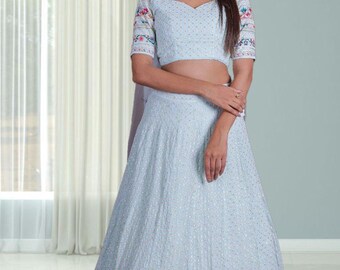 Powder Blue Lehenga Choli Set, Indian Wedding Outfit for Women.