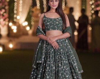 Green Embroidered Lehenga Choli for Women, Indian Wedding Lehenga Set, Designer Bridesmaid Outfit, Elegant Party Wear Lehenga