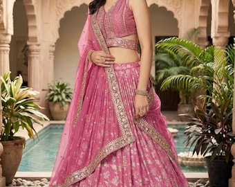 Rosa besticktes Dola-Seiden-Lehenga-Choli, indische Brautmode (halbgenäht)
