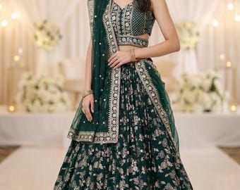 Dunkelgrünes Dola-Seiden-Jacquard-Lehenga-Choli mit Blumenstickerei, Brautjungfernkleid