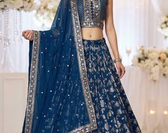 Marineblauer Dola-Seiden-Jacquard-Lehenga-Choli, Pailletten-Zari-Stickerei, Festkleidung