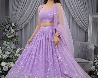 Lavendelfarbener Georgette Lehenga Choli, Pailletten-Ghagra, indische Hochzeits- und Festmode