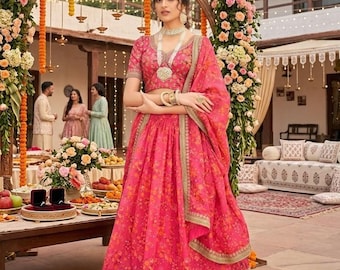 Pink Floral Lehenga Choli for Women, Indian Wedding Lehenga, Bridesmaid Outfit, Designer Ethnic Wear, Sangeet Mehendi Dress