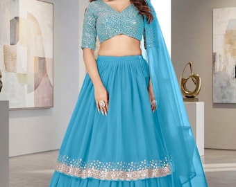 Sky Blue Lehenga Choli for Women, Designer Sequin Indian Wedding Outfit, Party Wear Lehenga Set, Bridesmaid Dress, Festive Traditional Wear
