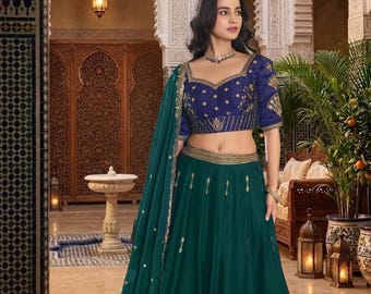 Teal Green Lehenga Choli for Women, Royal Blue Embroidered Blouse, Indian Wedding Lehenga, Bridesmaid Outfit, Sangeet Dress, Festive  Wear