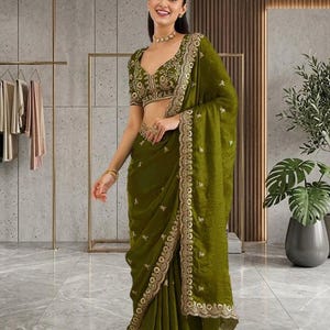 Olive Green Saree, Embroidered Designer Saree, Indian Wedding Saree, Party Wear Saree, Festive Saree, Bridal Guest Outfit image 1
