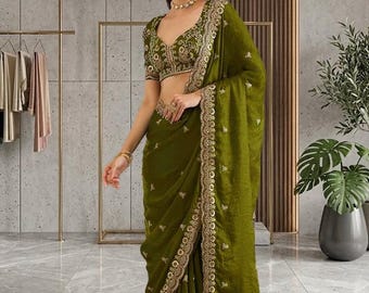 Sari vert olive, sari brodé de créateur, sari de mariage indien, sari de soirée, sari festif, tenue d'invitée de la mariée