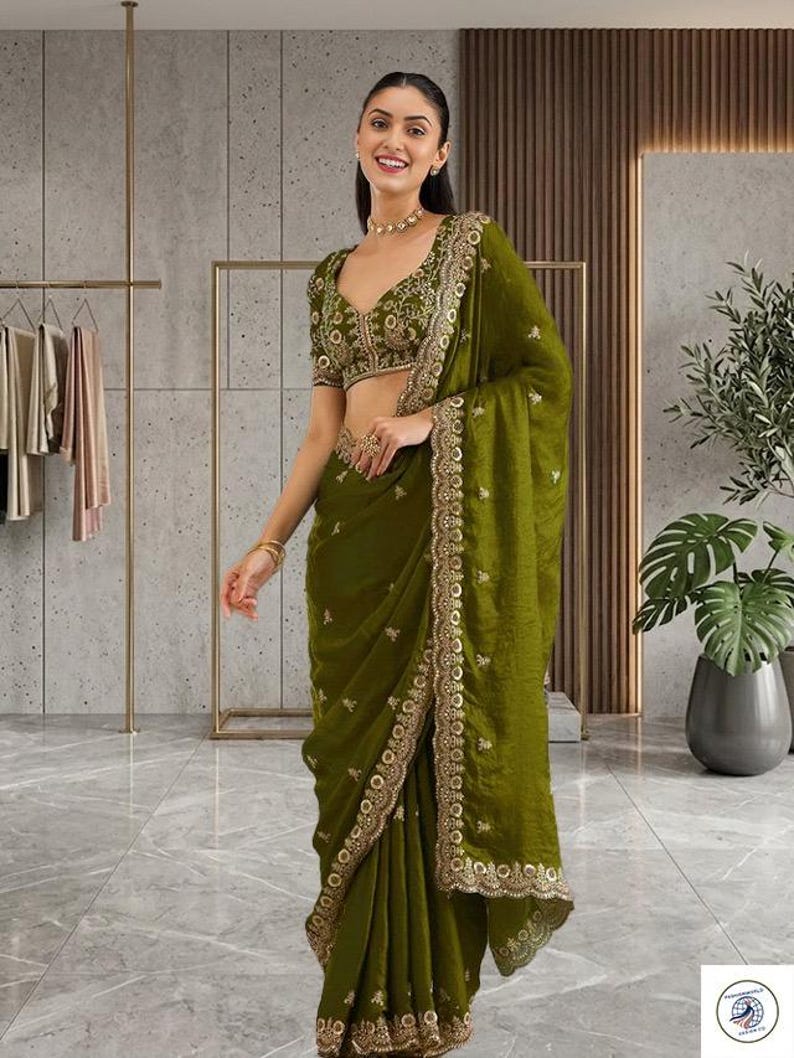 Olive Green Saree, Embroidered Designer Saree, Indian Wedding Saree, Party Wear Saree, Festive Saree, Bridal Guest Outfit image 1
