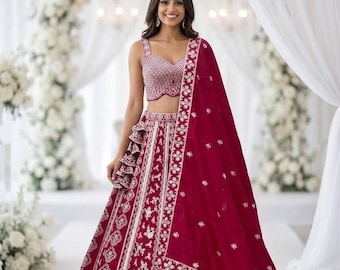 Lehenga Choli aus bordeauxroter Seide, indisches Brautkleid (Ghagra), festliche Kleidung mit Stickereien